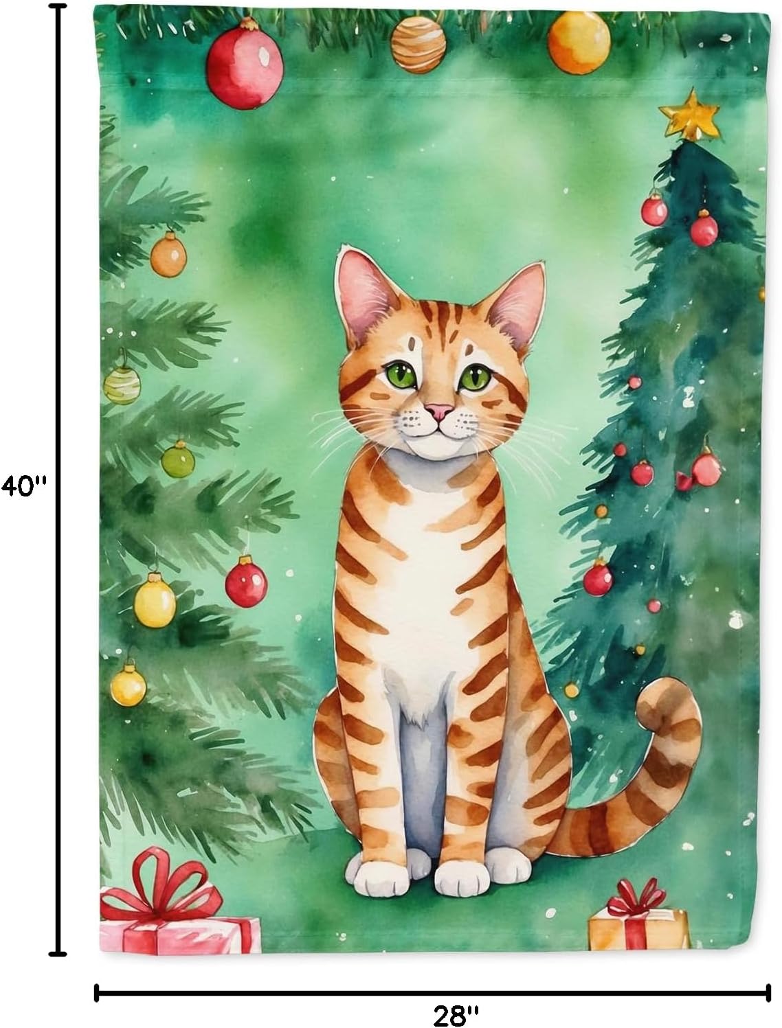 Caroline's Treasures Safari Cat By the Christmas Tree House Flag Large Porch Sleeve Pole Decorative Outside Yard Banner Artwork Wall Hanging, Polyester, House Size, Multicolor