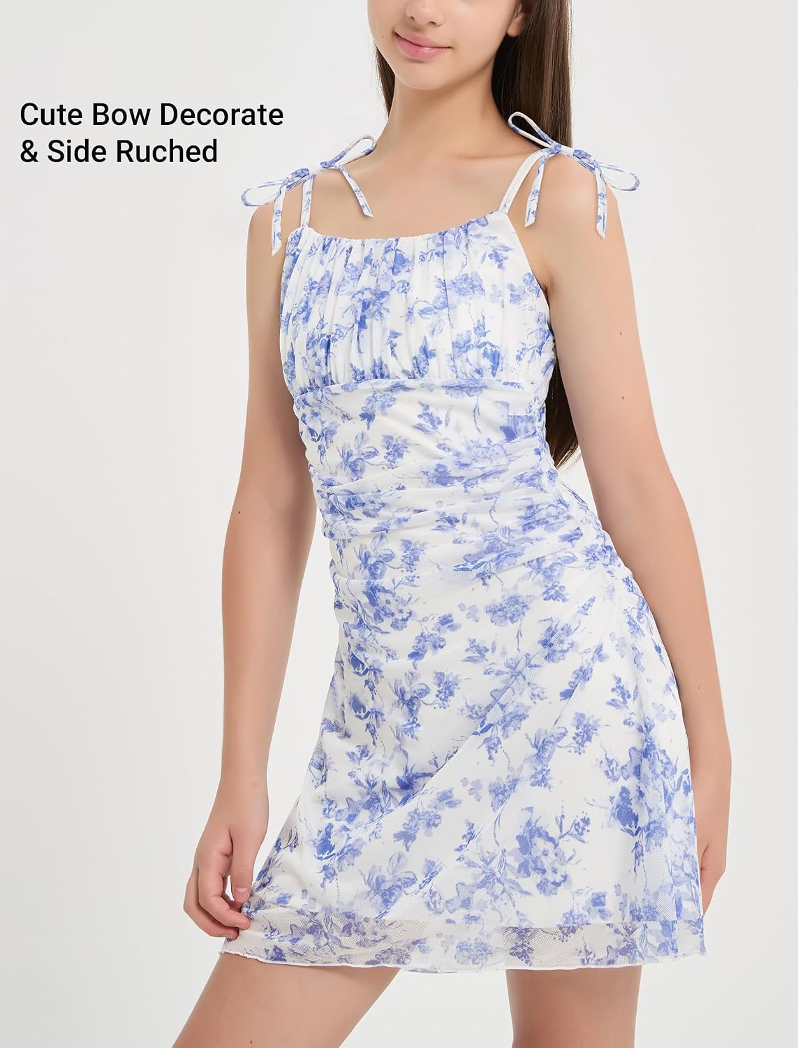 EXARUS Girls Swiss Dot/Floral Dress Teen Spaghetti Strap Summer Mini Ruched Cami Boho A-Line Dresses Beach Casual 8-14