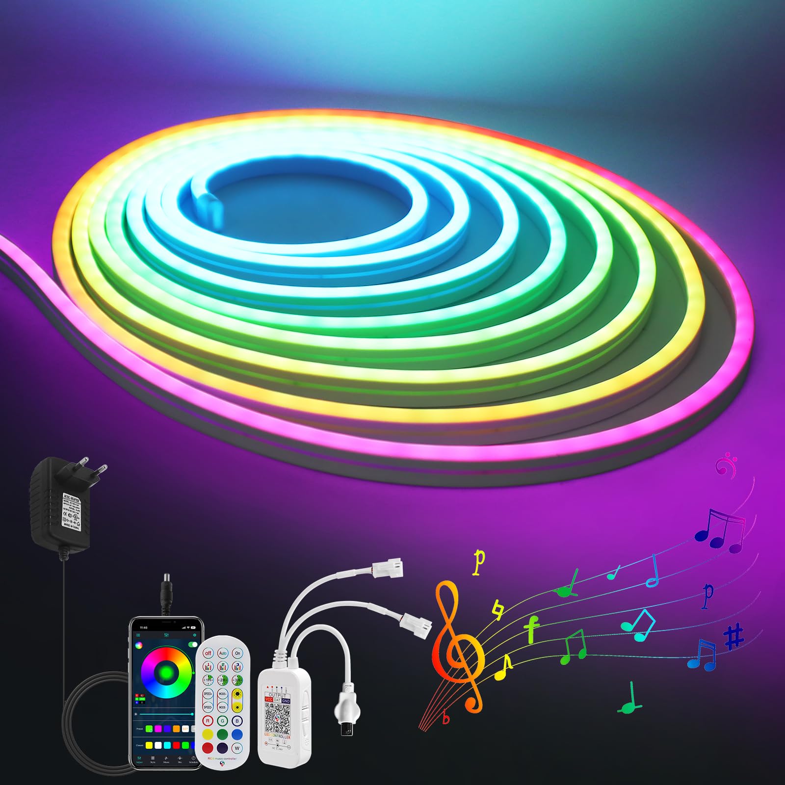 BRIMETI RGB Ruban LED Néon 30M Bande LED IP65 étanche 220V Tube LED Lumineuses LED Souple,par APP,Télécommande, Synchronisation de Musique, pour Chambre,Bar,Salle de Jeux, Anniversaire