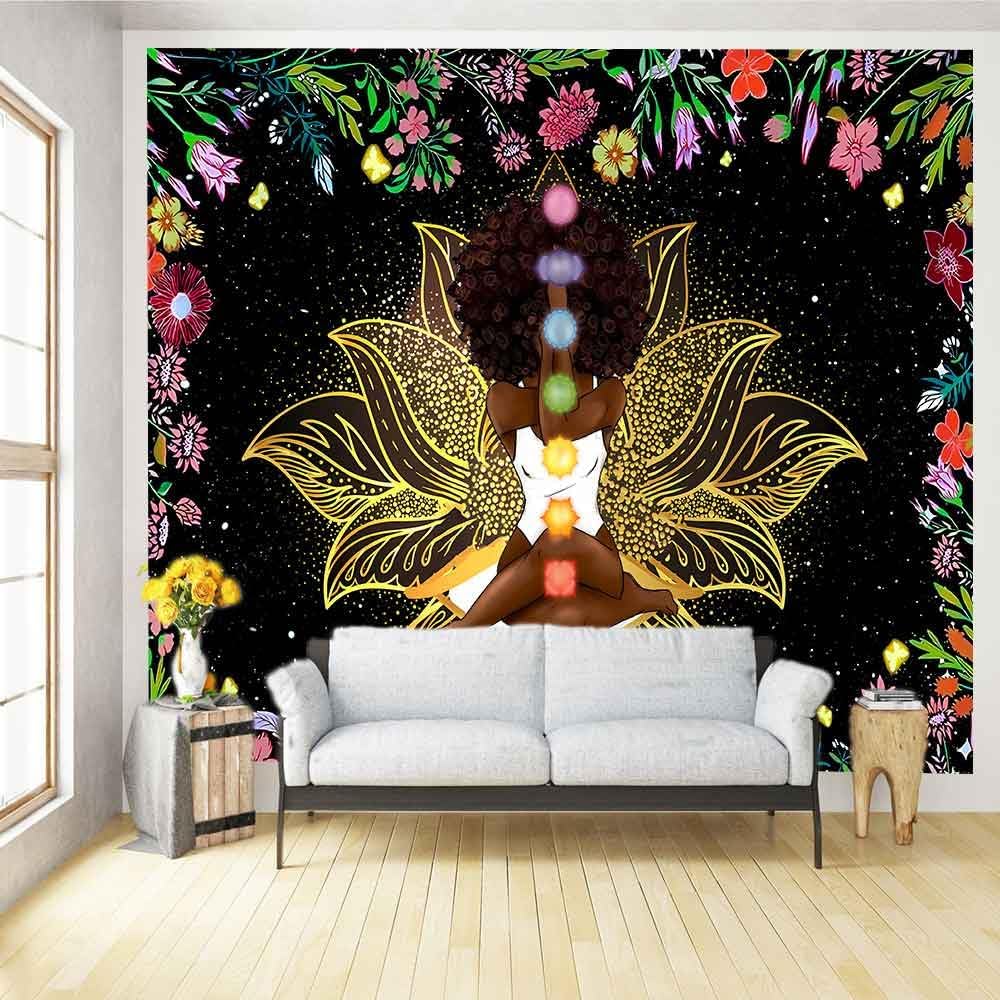 Ine Ive African Chakra Tapestry African American Woman Zen Meditation Tapestries100x90 Inch Starry Sky Flower Garden Inspirational Afro Yoga Wall Art for Bedroom Dorm Decor