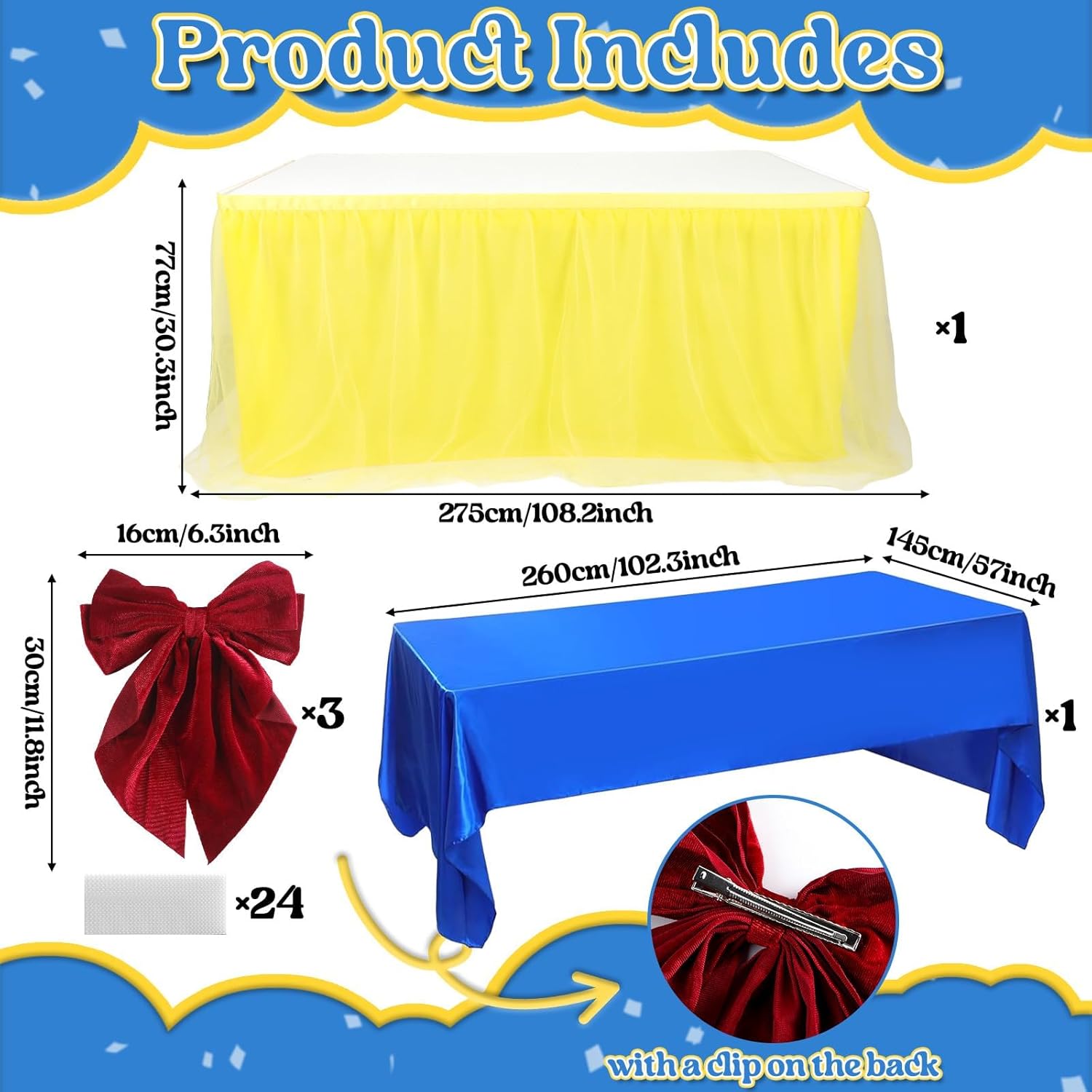 30 x 108 Inch Princess Party Decorations Snow Princess Blue and Yellow Tablecover Yellow Tulle Table Skirt Royal Blue Tablecloths with Red Bow Clips Set for Girls Birthday Baby Shower Party Supplies