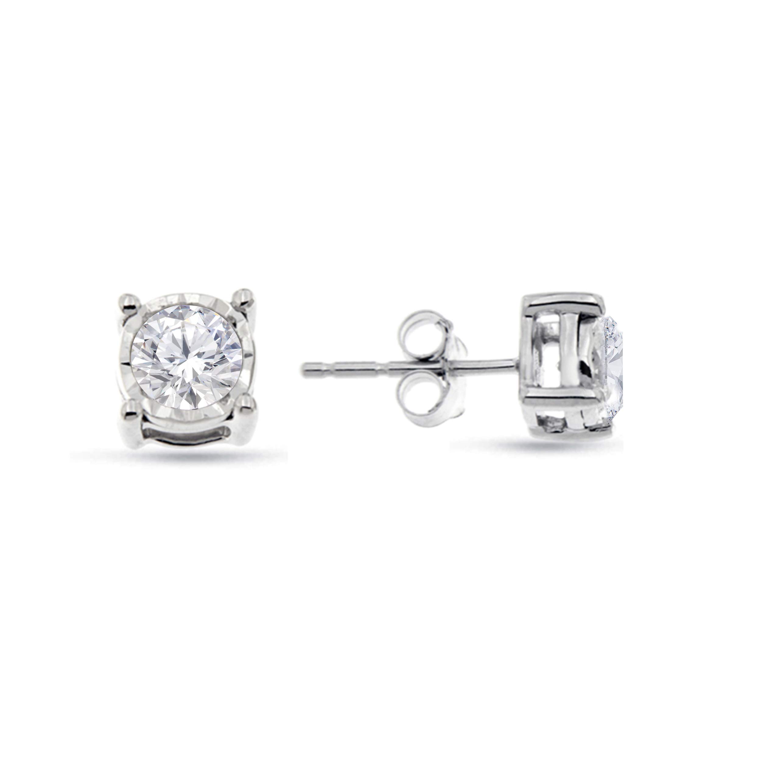 1/10-1/2 Cttw Round Brilliant Cut Diamond Stud Earrings for Women in 925 Sterling Silver Miracle Plate Color H-I/Clarity I1-I2