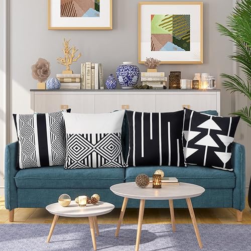 Miniatura 2 de Ficakst Juego de 4 fundas de almohada decorativas de triángulos geométricos de rayas blancas y negras 177 x 177in fundas de almohada bohemias para
