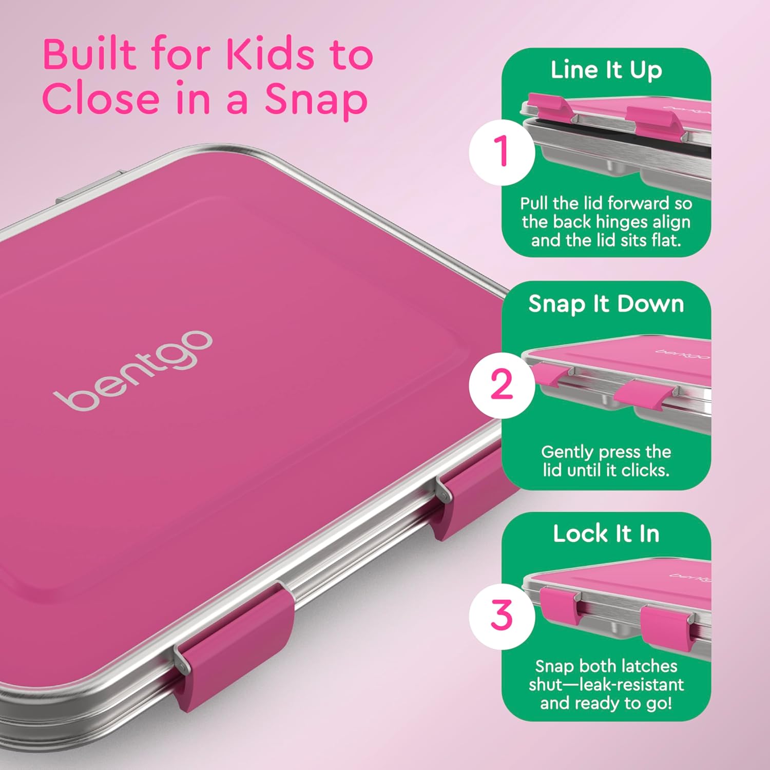 Bentgo Kids Stainless Steel Leak-Resistant Lunch Box - 3-Compartments with Bonus Silicone Container, Durable, Eco-Friendly, Dishwasher Safe, BPA-Free, Ideal for School, Ages 3+ (Fuchsia) - Image 4