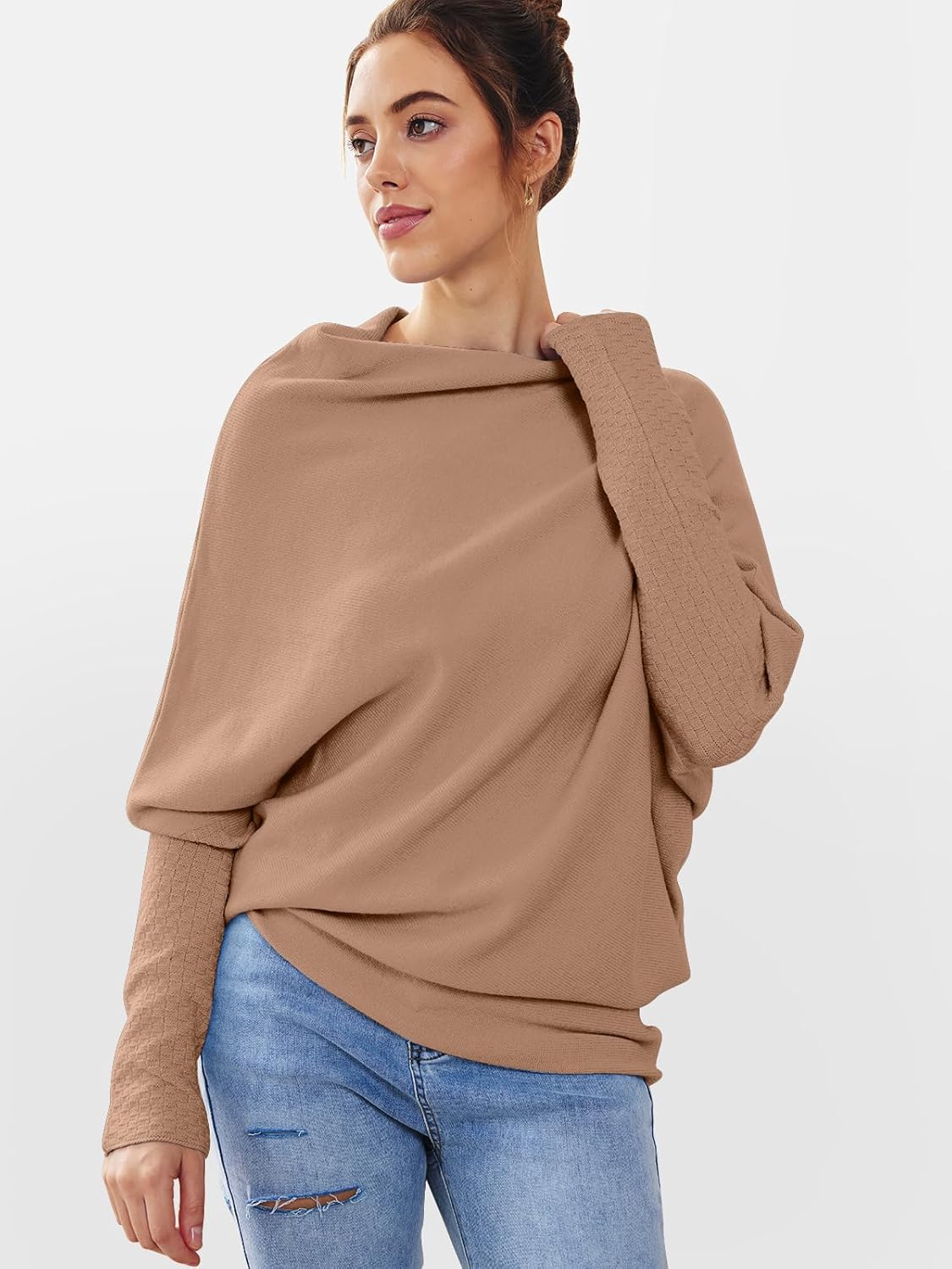 LILLUSORY Womens Batwing Oversized Sweaters Assymetrical Off The Shoulder Boat Neck Wrap Tunic Tops Fall - Image 3