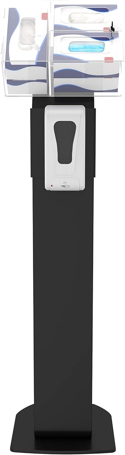 Hand Sanitizing Station - CTA Premium Heavy-Duty Secured Stand with Acrylic Glove, Mask Box & Contactless Soap or Hand Sanitizer Dispenser for Offices, Schools, & Public Area - Black (SAN-STT1B)