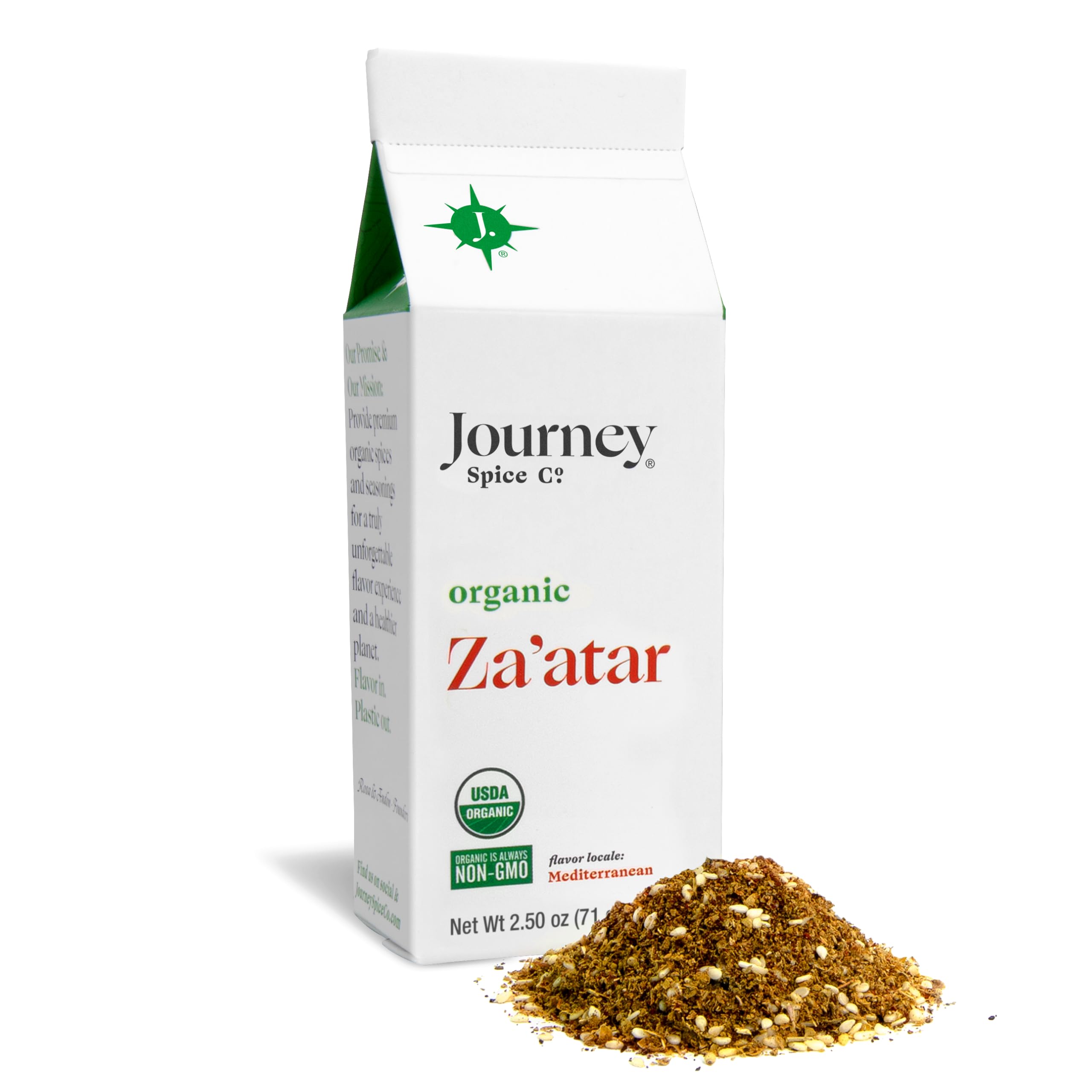 Organic Za'atar Spice Seasoning by Journey Spice Co. | Salt-Free, Sugar-Free, Non-GMO | Gourmet Mediterranean All-Purpose Spice Herb Blend | 2.5 oz. | Resealable/Reusable Cap