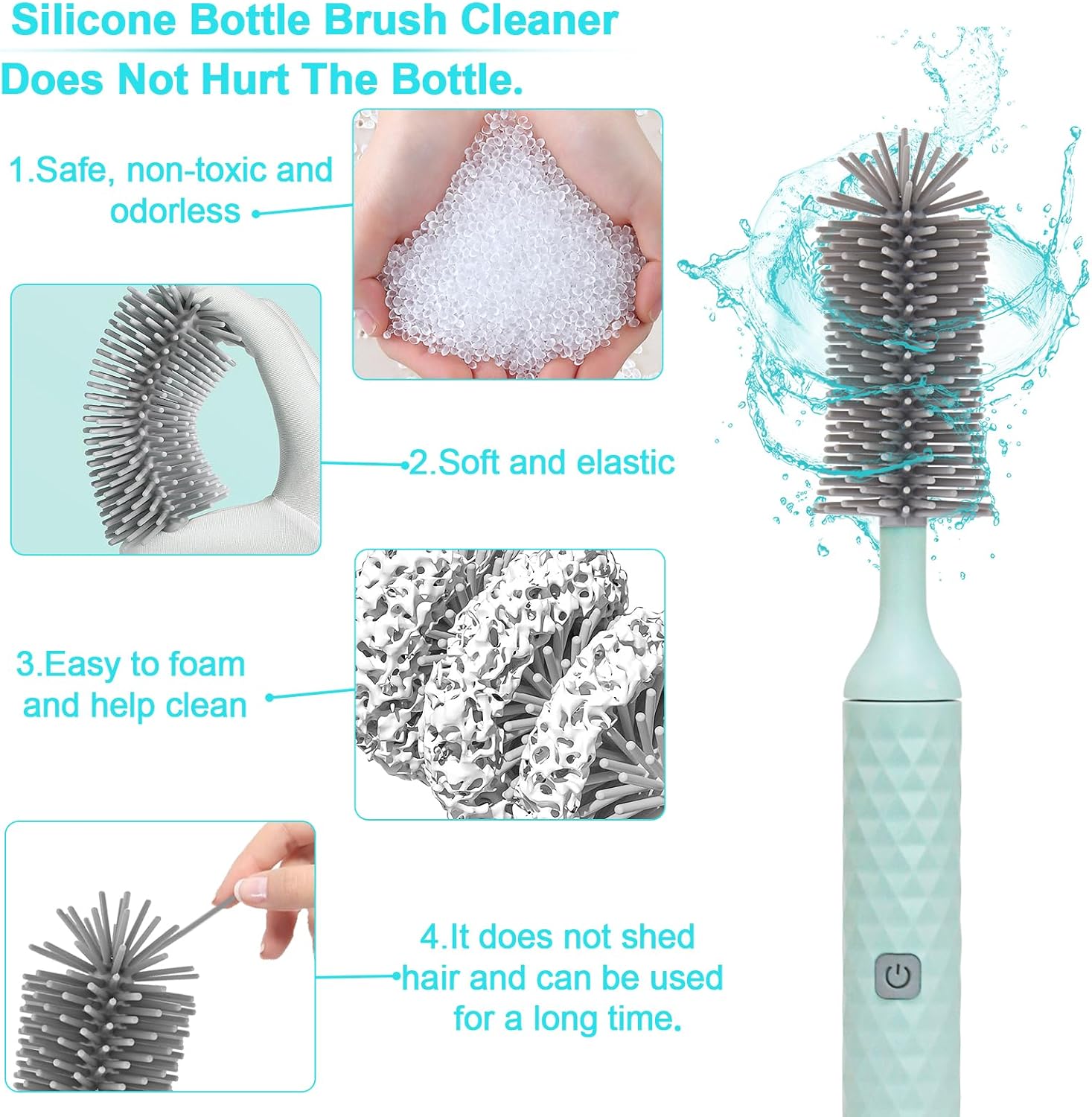 Electric Bottle Cleaner Set - 4 Piece Silicone Brush for Bottles, Pacifiers, Straws - USB Charged 360 High-Speed Rotation Cleaning