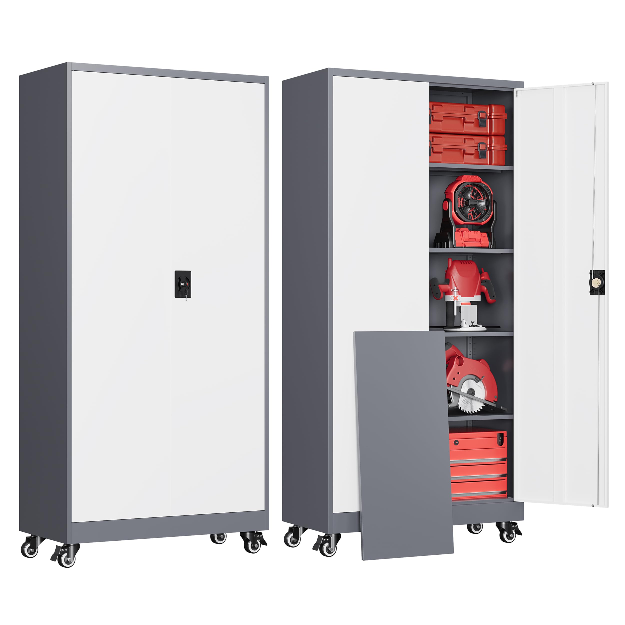 AFAIF Garage Cabinet with Wheels and Adjustable Shelves, Metal Garage Storage Cabinets with 2 Doors, Storage Caninet with Lock, Large Tool Cabnet for