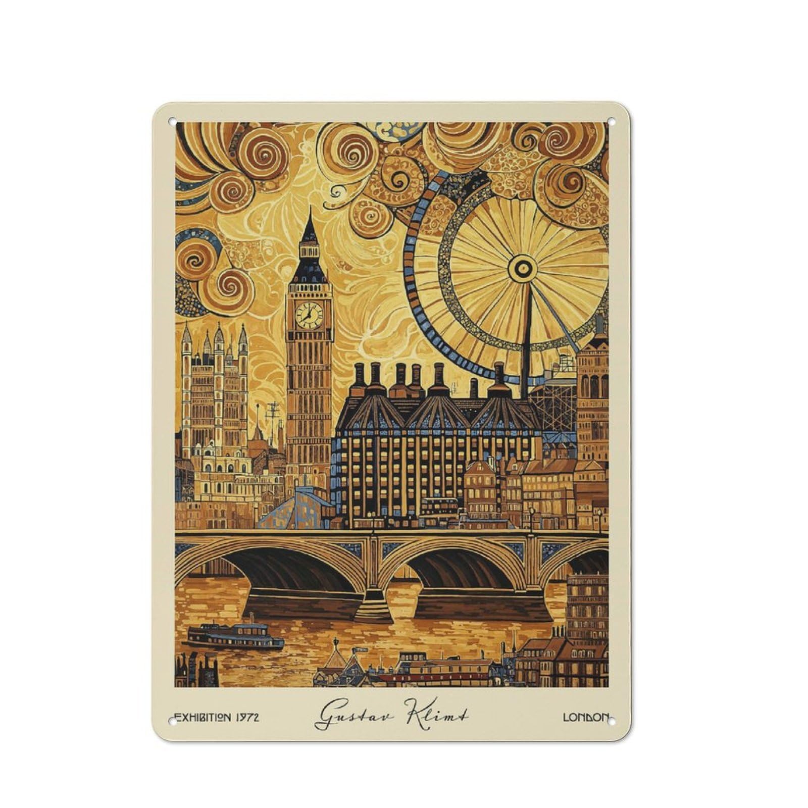 Junmoney London Skyline Travel Klimt Warehouse Style Metal Wall Decor 40X30cm, Industrial Metal Sign For Workspace, Cafe, Hallway Or Garage