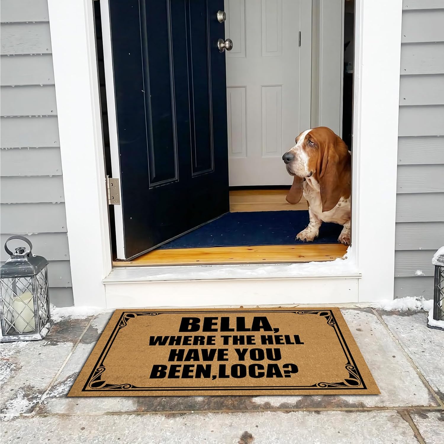 Large Front Door Mats Outdoor Funny Entrance, Bella Where The Hell Have You Been Loca Happy Holidays Winter Indoor Doormat 23.6" X 15.7" Rubber Personalized Valentine Welcome Mat