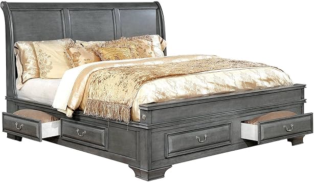 Maykoosh Antique Accents King Size Wooden Storage Bed with Sleigh Headboard, Bottom and Side Drawers, Bracket Legs, Low Profile Footboard, Gray Eastern King