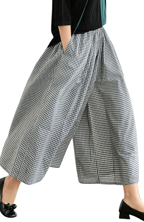 パンツ Alice check culottes codcm Womens Gingham Wide Leg Culottes Pants Elastic Waist