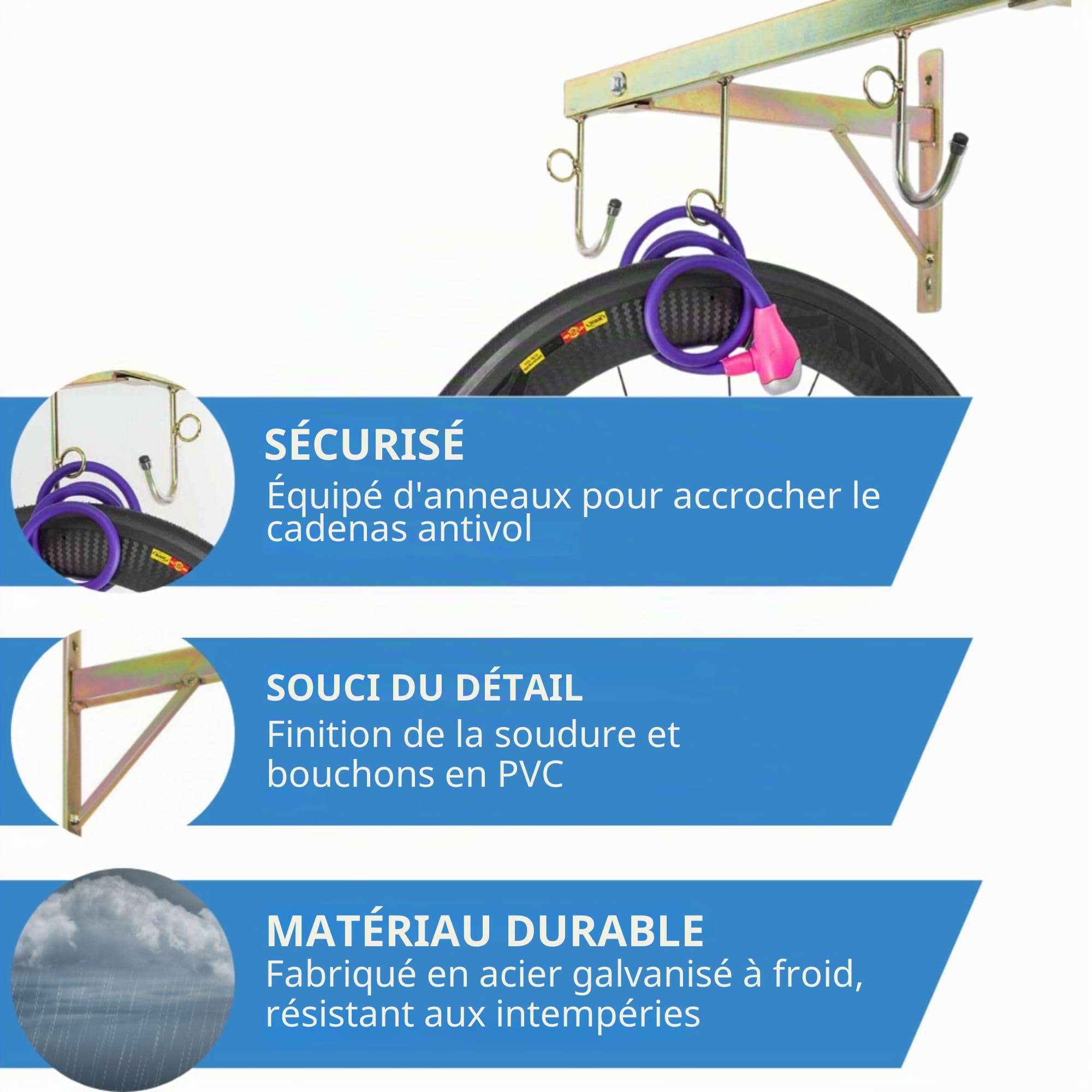 Porte-vélos mural 4 places Démontable avec anneaux pour cadenas