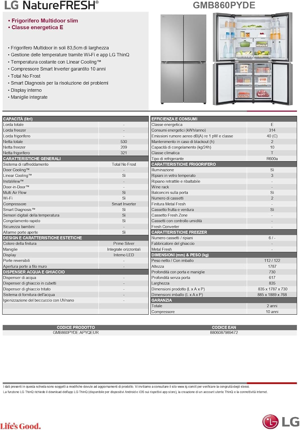 LG GMB860PYDE Frigorifero Multidoor Slim, Frigorifero 4 Porte Classe E, 530L, Wi-Fi, Linear Cooling, Smart Diagnosis, Compressore Smart Inverter, Total No Frost, Design porte piatte, Prime Silver