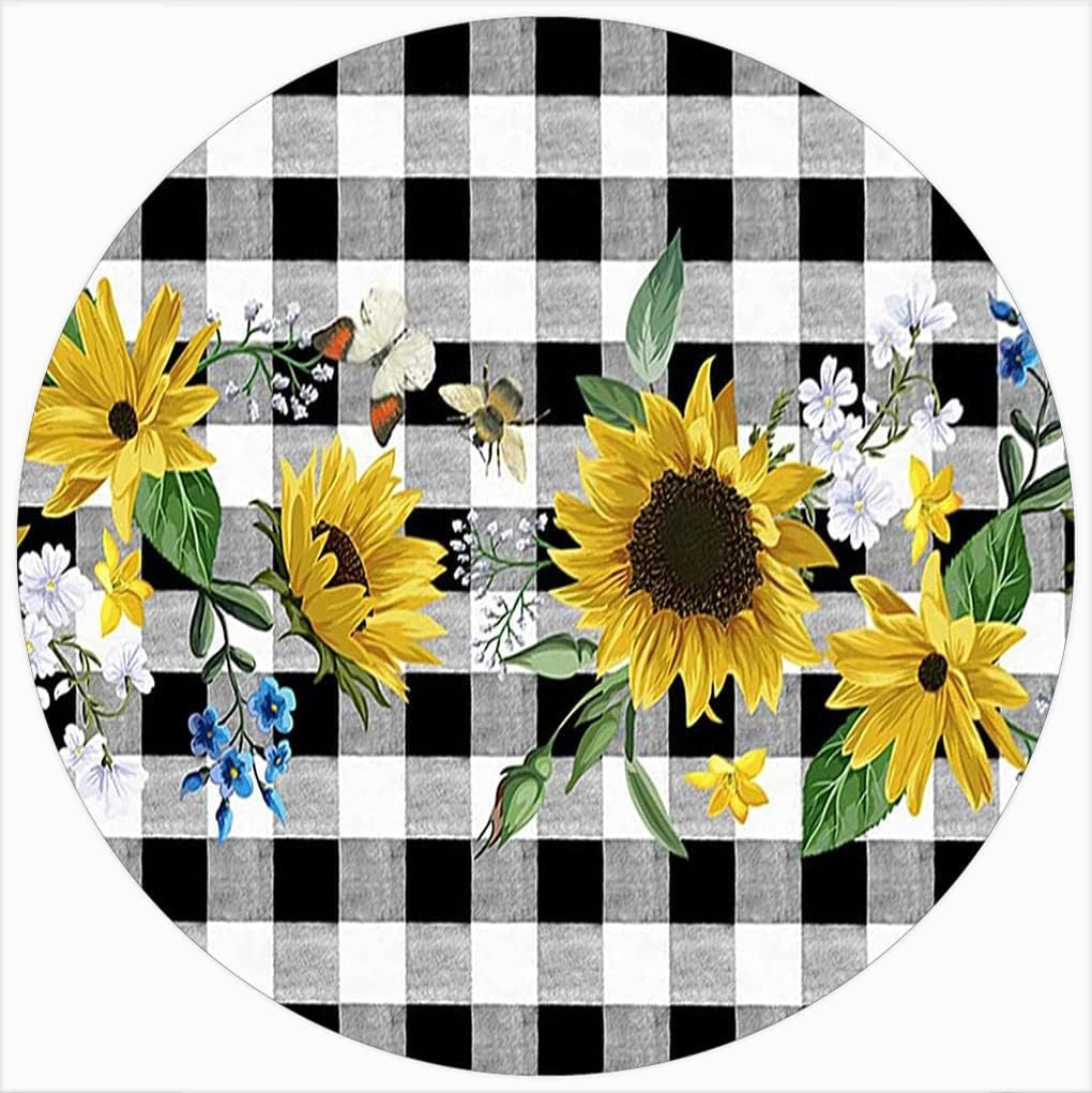 Round Metal Tin Sign Summer Sunflower Black White Plaid Rustic Wreath Sign Country Garden Wall Decor Farmhouse Kitchen Home Bedroom Gift Wall Decoration 12x12 Inch