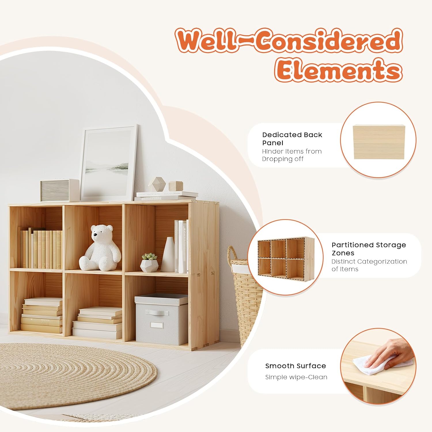 6 Cube Storage Organizer Wooden Cube Storage Shelf 35 Inch Solid Wood Bookshelf Horizontal Bookshelf 2 Tier Open Book Shelf for Bedroom, Dining Room, Study Room (6-Cube)