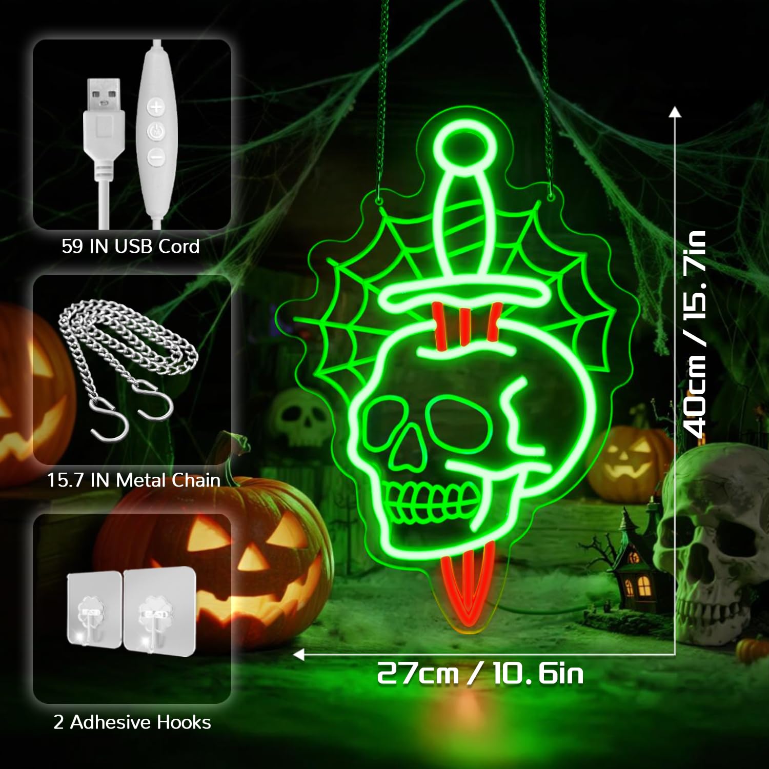 Astuddy Halloween Skull Neon Sign - "Don't Look Back" LED Neon Wall Light With Skull And Bone - View #10