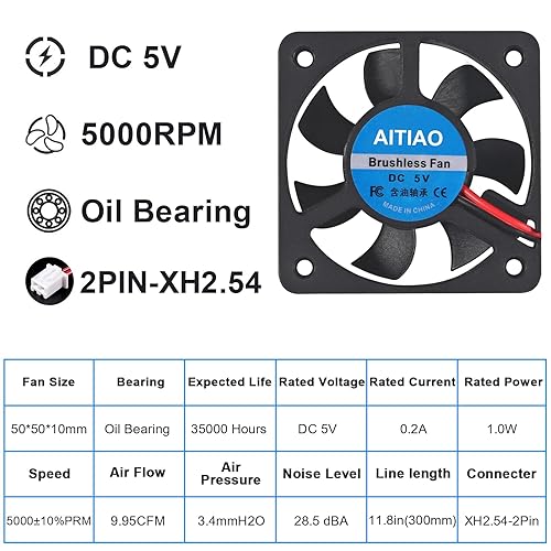 Miniatura 3 de AITIAO Ventilador de enfriamiento sin escobillas 5010 DC 5V 1.969x0.394 in Ventilador de enfriamiento silencioso de 1.969x1.969x0.394 in Ventilador