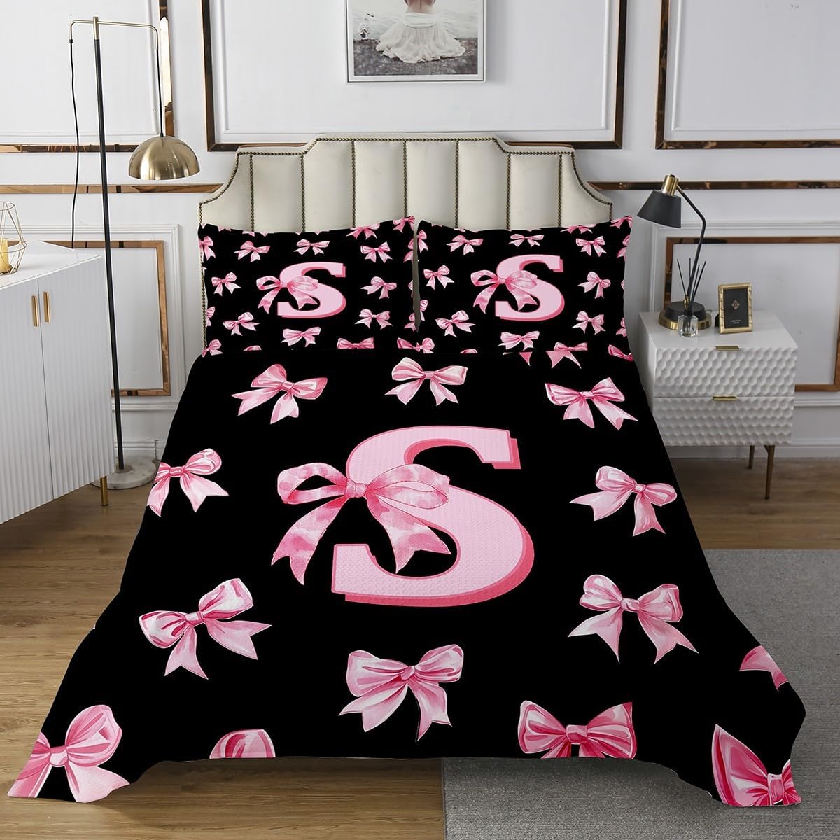 Erosebridal Cute Pink Bow Kids Bedspread Set Twin Size,Personalized Letter S Quilt Sets for Girls,Initial S Coquette Bow Coverlet Sets Preppy Monogrammed Bowknot Bed Set 2 Pcs