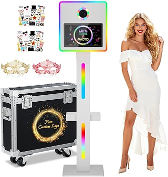 DSLR Photo Booth Machine 15.6 Inch Selfie Portable Touch Screen Mirror Photo Booth with Flight Case, App Control & Remote Control RGB Light for Parties Wedding Rental Events White