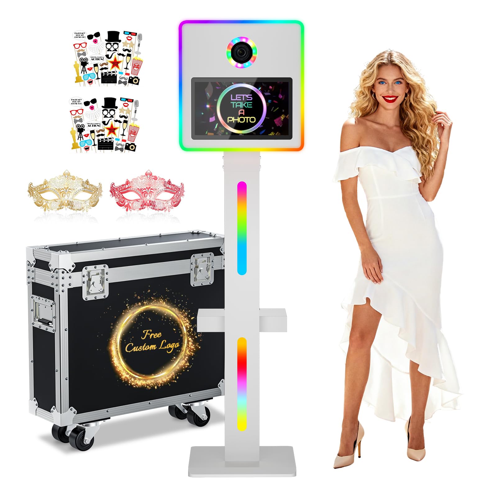 DSLR Photo Booth Machine 15.6 Inch Selfie Portable Touch Screen Mirror Photo Booth with Flight Case, App Control & Remote Control RGB Light for