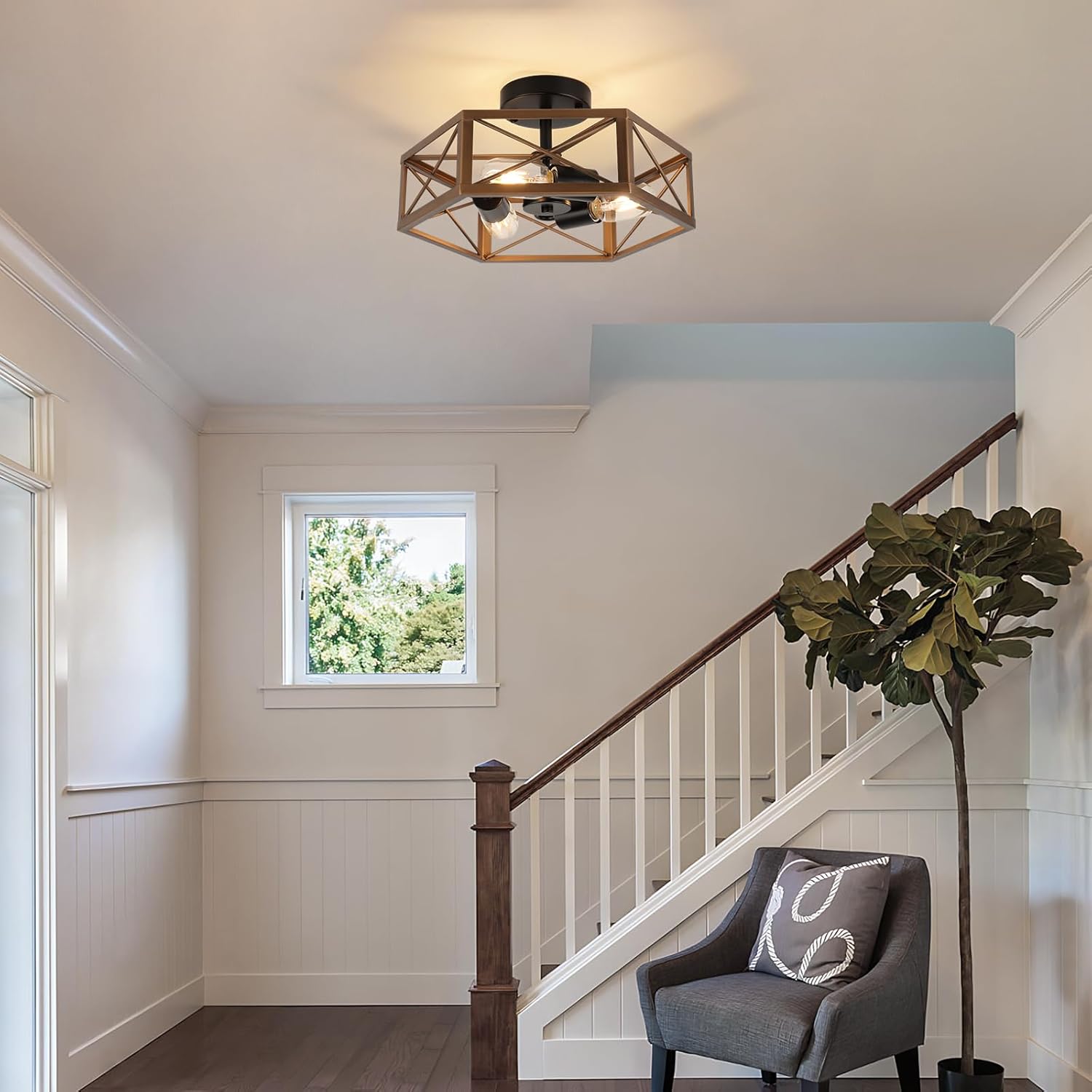 WILON Flush Mount Ceiling Light Fixture for Kitchen - 3 Light Industrial Close to Ceiling Lighting, Bronze Farmhouse Metal Cage Hexagon Lamp for Hallway Kitchen Dining Room Entryway Foyer