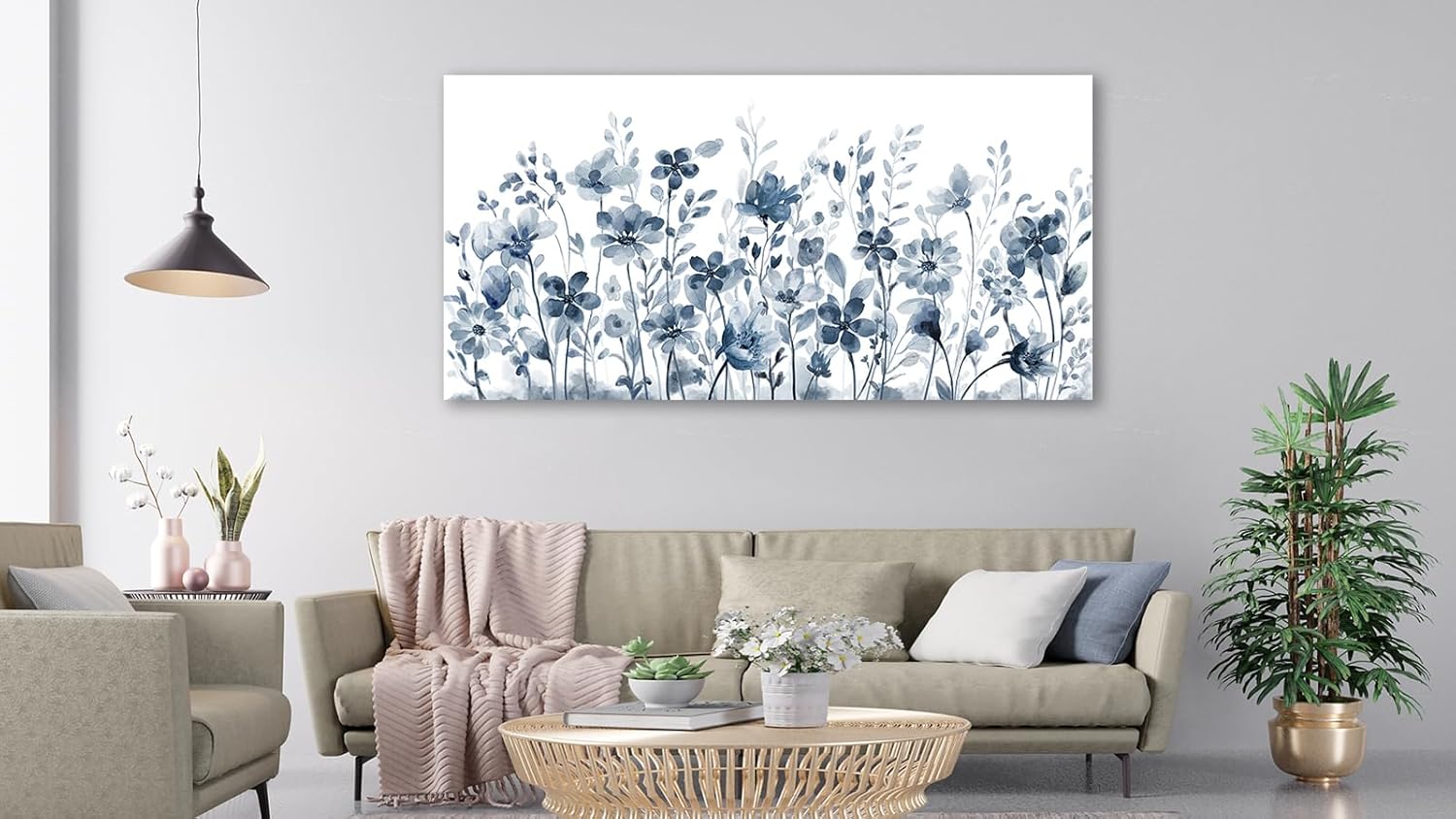 Large Flowers Wall Art for Living Room Decor Framed Art Indigo Wildflower Canvas Pictures Abstract Artwork Navy Blue Floral Canvas Prints for Bedroom Kitchen Home Office Wall Decor 24" x 48"