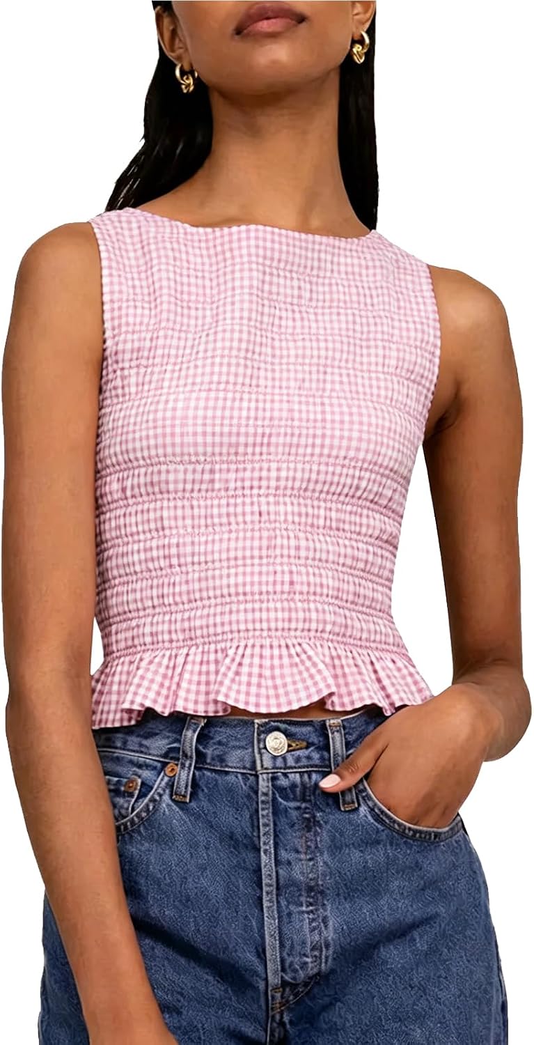 Women Shirred Tank Top Ruffle Sleeveless Tanks Frill Smocked Halter Cami Tops Summer Streetwear