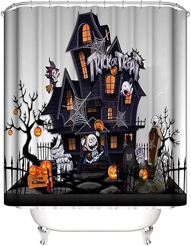 Miniatura 2 de Cortina de ducha impermeable de calabaza de Halloween, con alfombras antideslizantes, cubierta de tapa de inodoro y alfombrilla de baño, juego de