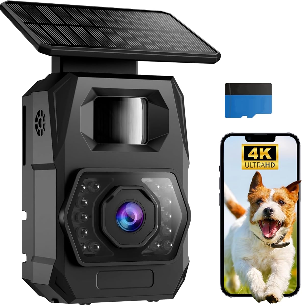 Hapimp Trail Camera, Outdoor, 60 Megapixels, 4K Videos, Small Trail Camera, Solar, 5200 mAh Rechargeable Battery & No Batteries Required, Solar Panel, IP66 Waterproof, Dustproof, Infrared LED, Animal