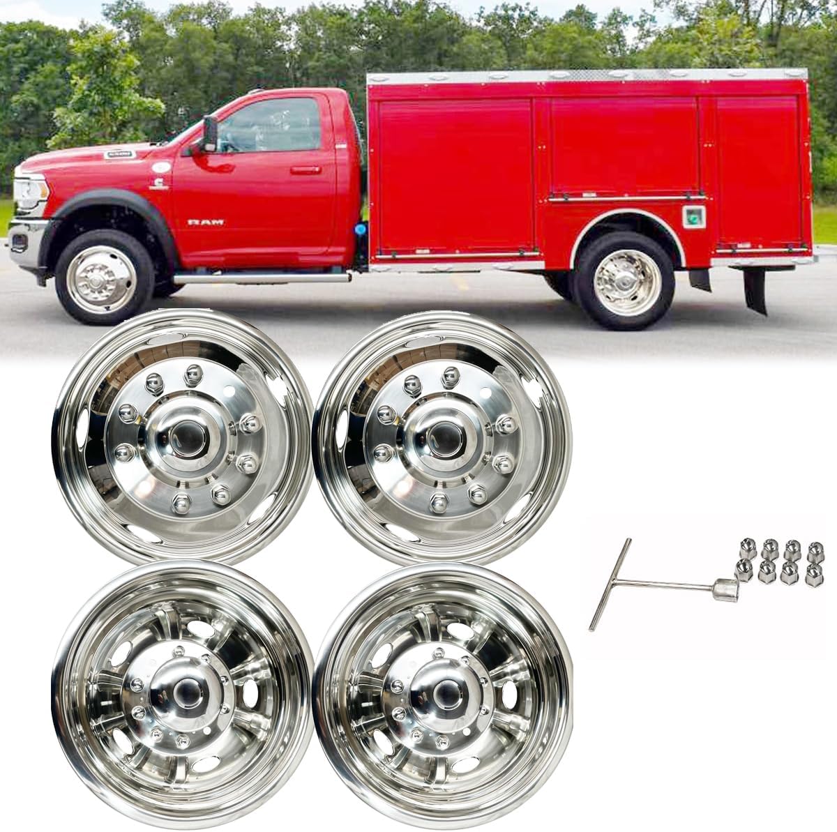 4pcs 19.5" Front Rear Stainless Steel Polished Dually Wheel Simulators for 2012-2025 Dodge Ram 4500/5500,10 Lug 5 Hand Bolt On Hub Caps,Nice Liners Wheel Covers with Bolt Kit for Ram 4500/5500 12-25