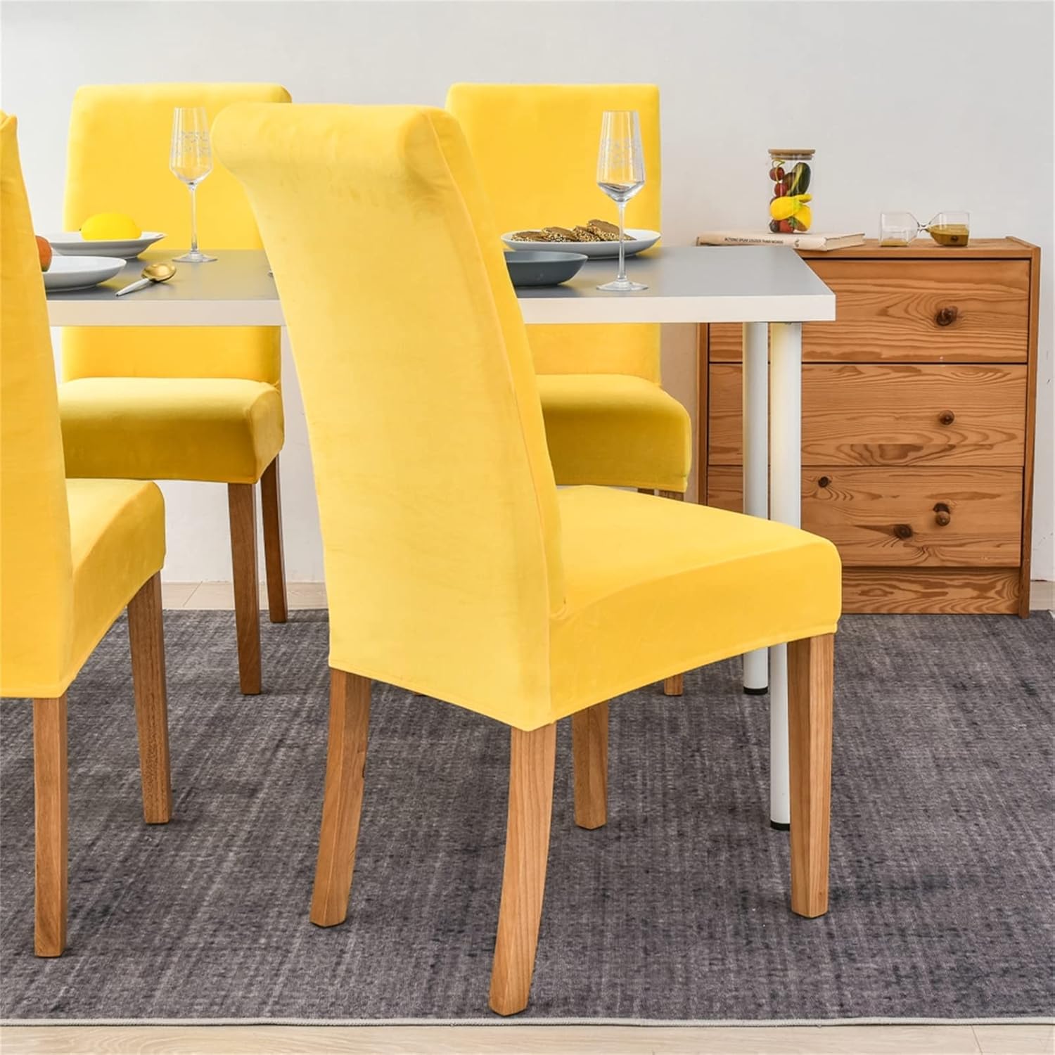 Velvet Chair Covers for Dining Room, Soft Velvet Plush Stretch Dining Chair Slipcovers, Washable Removable Parsons Chair Protectors Set of 6, Yellow