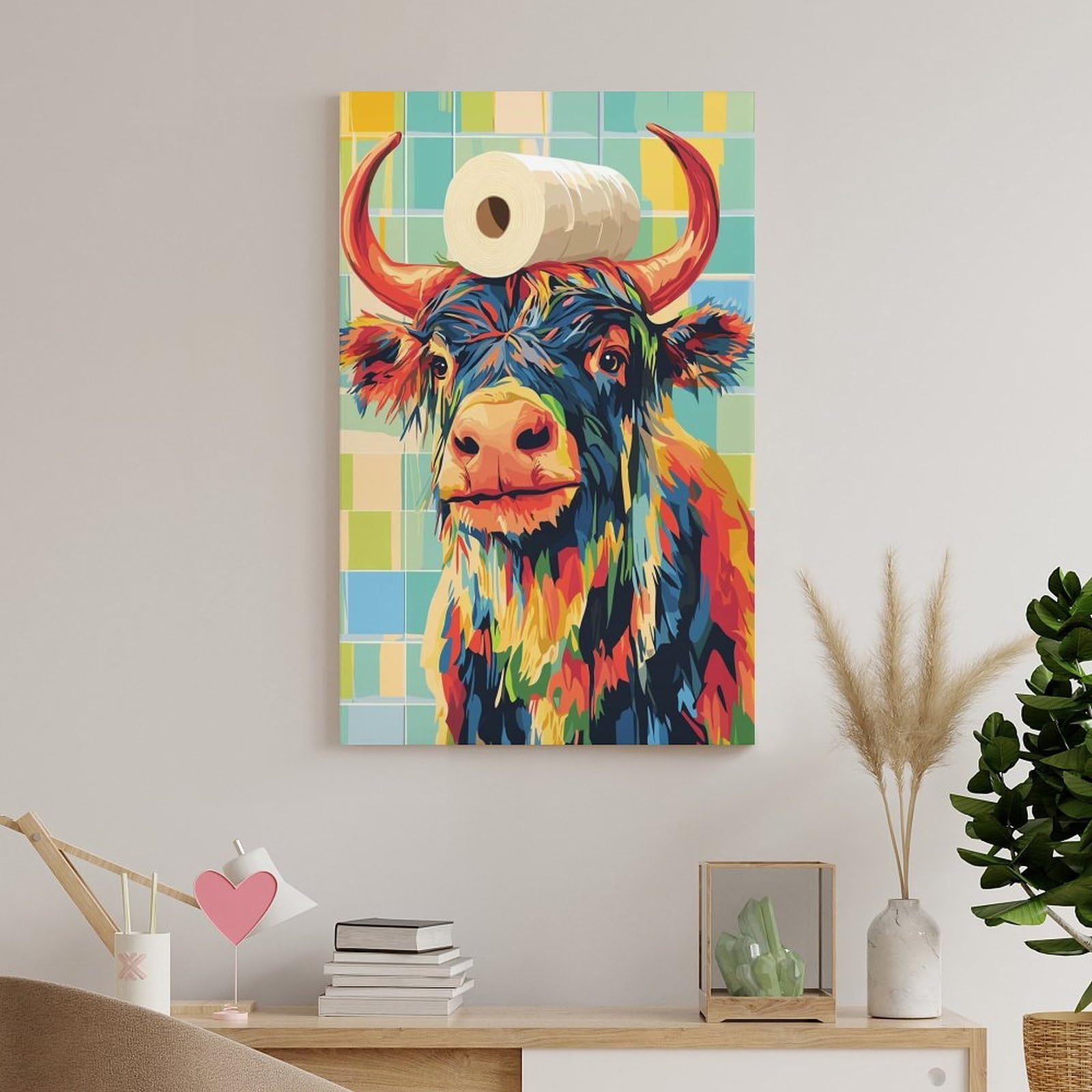 Junmoney Kunstdruck Auf Leinwand Colorful Cow with Toilet Paper Hat, 16x24inch(40x60cm), Für Wohnzimmer, Flur Oder Schlafzimmer, Leinwandbild Für Harmonische Raumwirkung