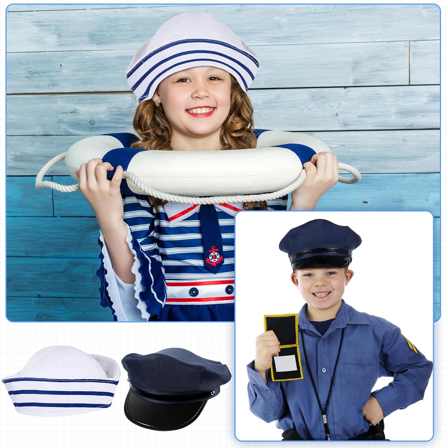 Hercicy 6 Pcs Kids Dress up Hats for Fun Role Play Costume Hats Photo Booth Caps, Costume Role Play Toddler Dressup Set for Cosplay Party Police Chef Sailors Navy Wizard Pirate Lobster