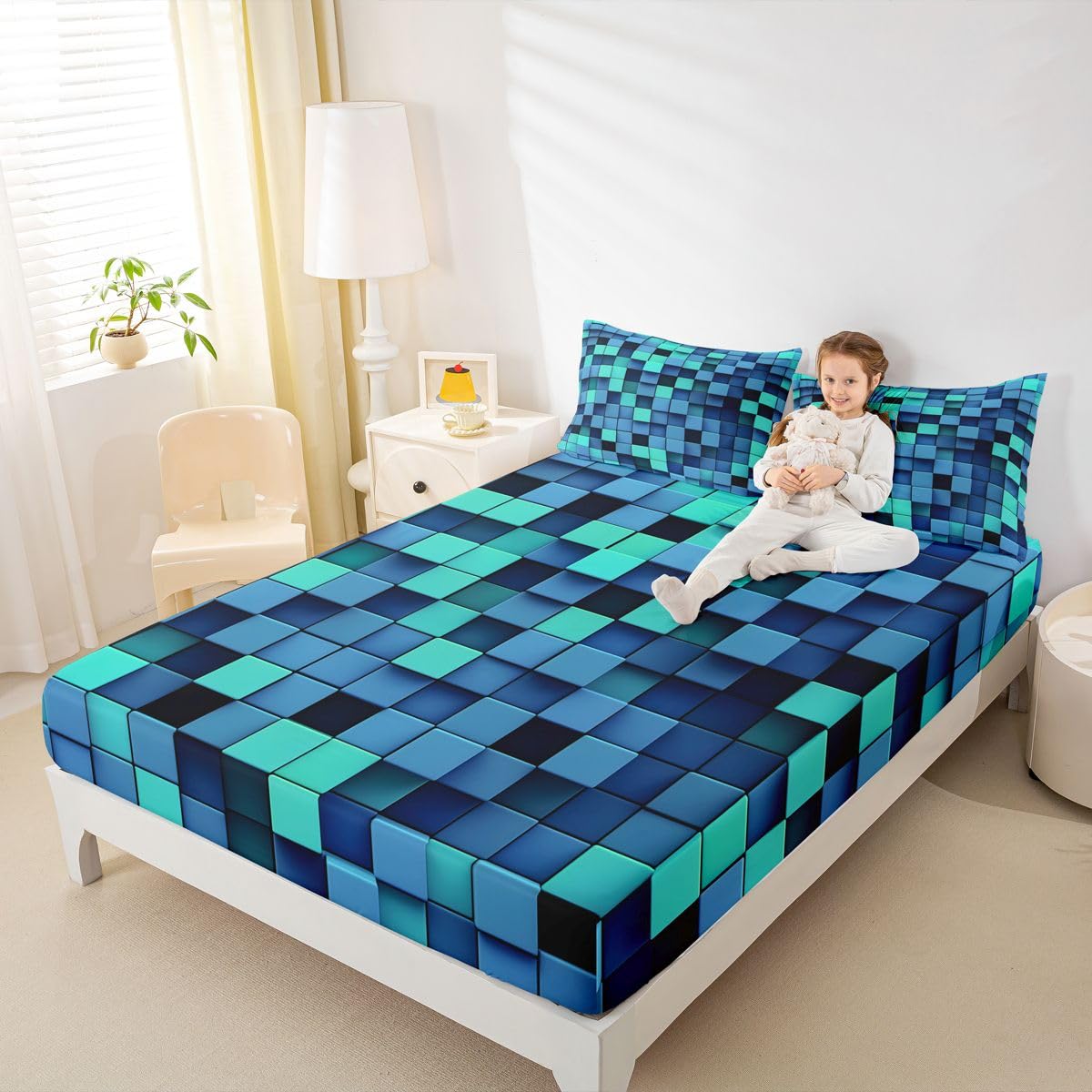 Sábana bajera ajustable de bloques geométricos 3D, tamaño King (no plana), juego de ropa de cama de 3 piezas, decoración de habitación de niñas y niños y mujeres, sábanas modernas de videojuegos de