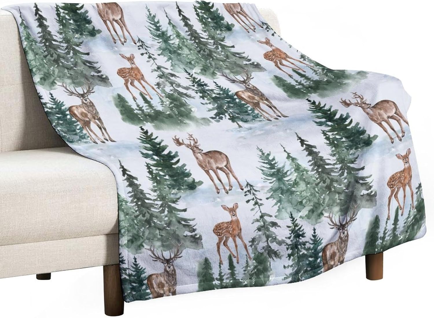 Deer Blanket Watercolor Winter Forest Wild Animal Rustic Farmhouse Green Soft Cozy Lightweight Throw Blanket for Bedroom Living Room Dorm Chair Sofa Travel 70x80in