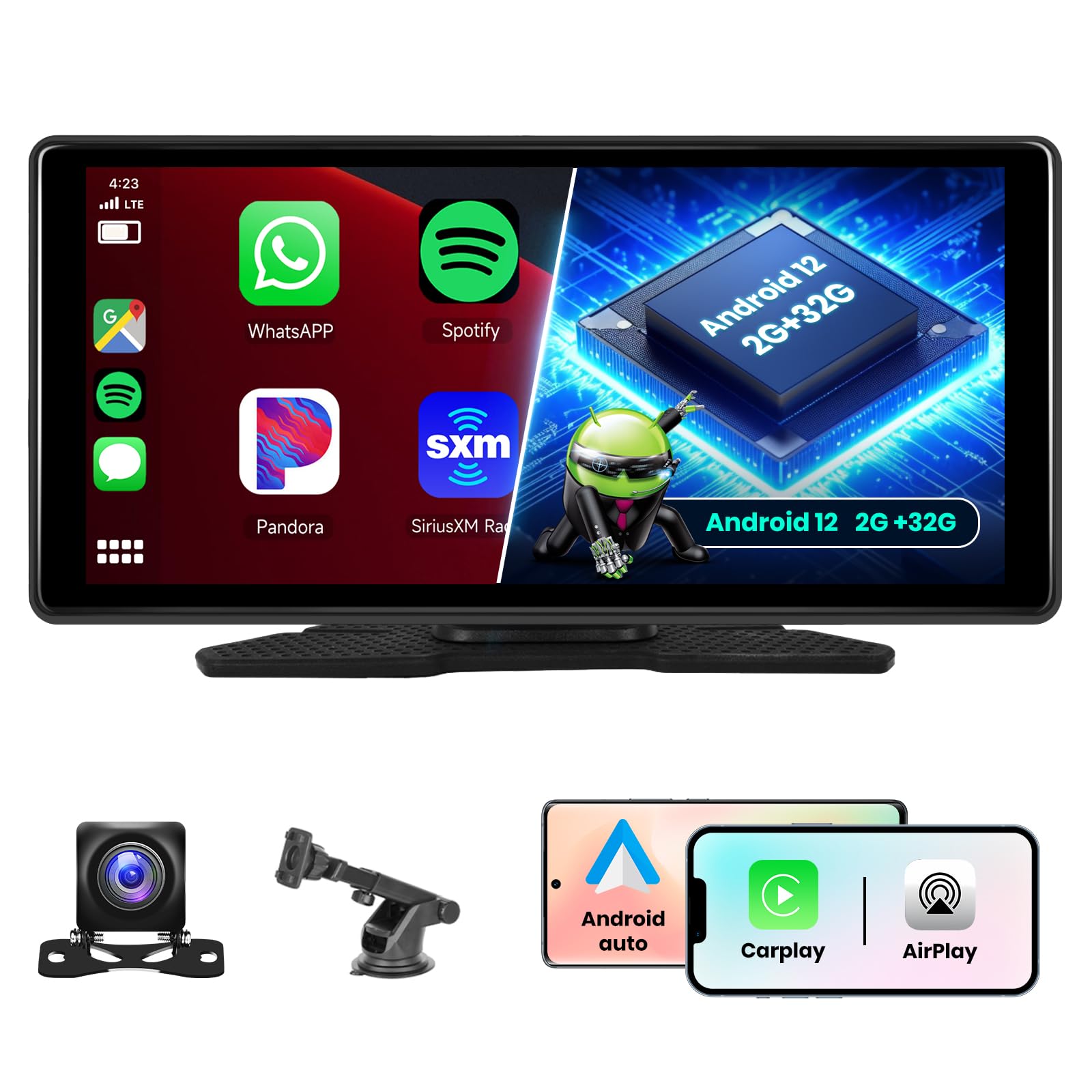 8-Core 2+32G Android Car Radio 10.36'' Wireless Carplay Screen for Car with HD Backup Camera,Podofo Portable Car Stereo with HD Touchscreen Mirror Link GPS WiFi YouTube Bluetooth AUX