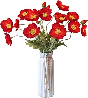 Artificial Flowers 5Pcs Poppies Flowers Artificial Silk Flowers for Home Office Wedding Outdoor Decor (Red)
