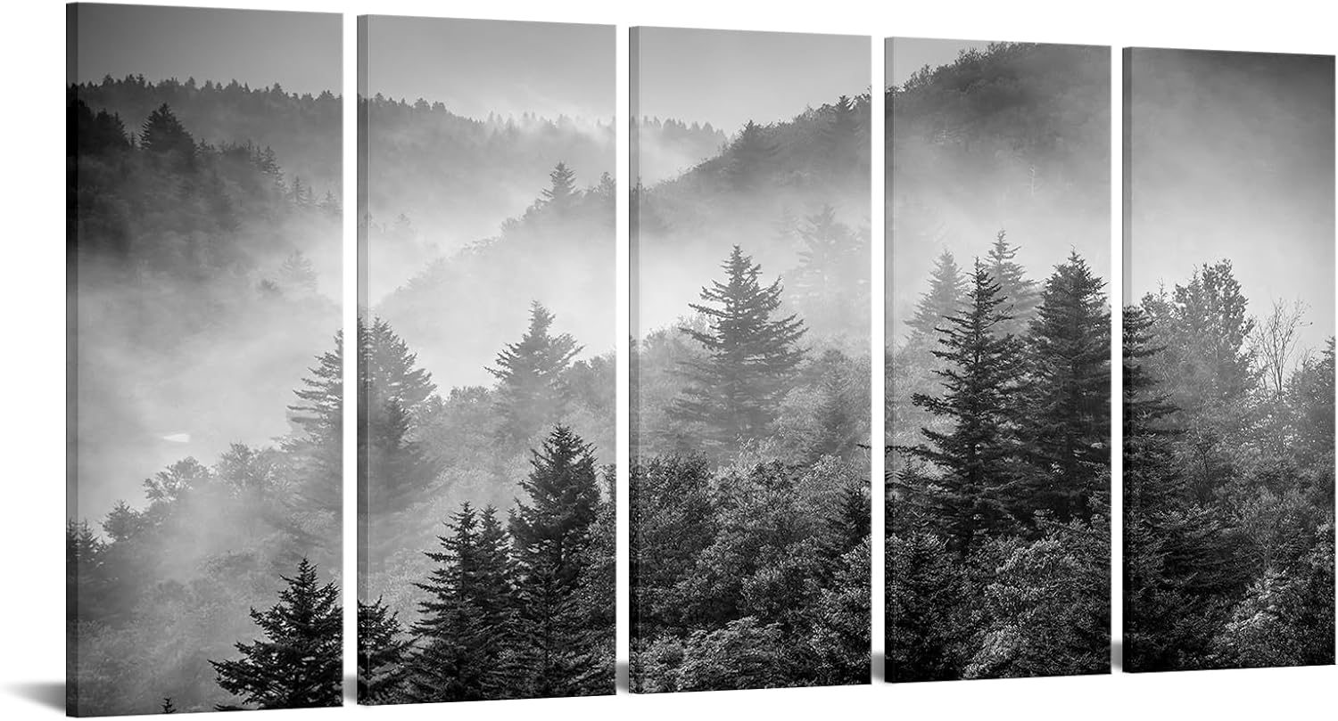 iKNOW FOTO 5-Piece X-Large Canvas Wall Art Set Black and White Misty Forest & Evergreen Trees Landscape Picture Prints Stretched Ready to Hang for Living Room 16x40 Each Panel