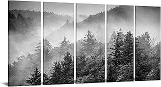 iKNOW FOTO 5-Piece X-Large Canvas Wall Art Set Black and White Misty Forest & Evergreen Trees Landscape Picture Prints Stretched Ready to Hang for Living Room 16x40 Each Panel