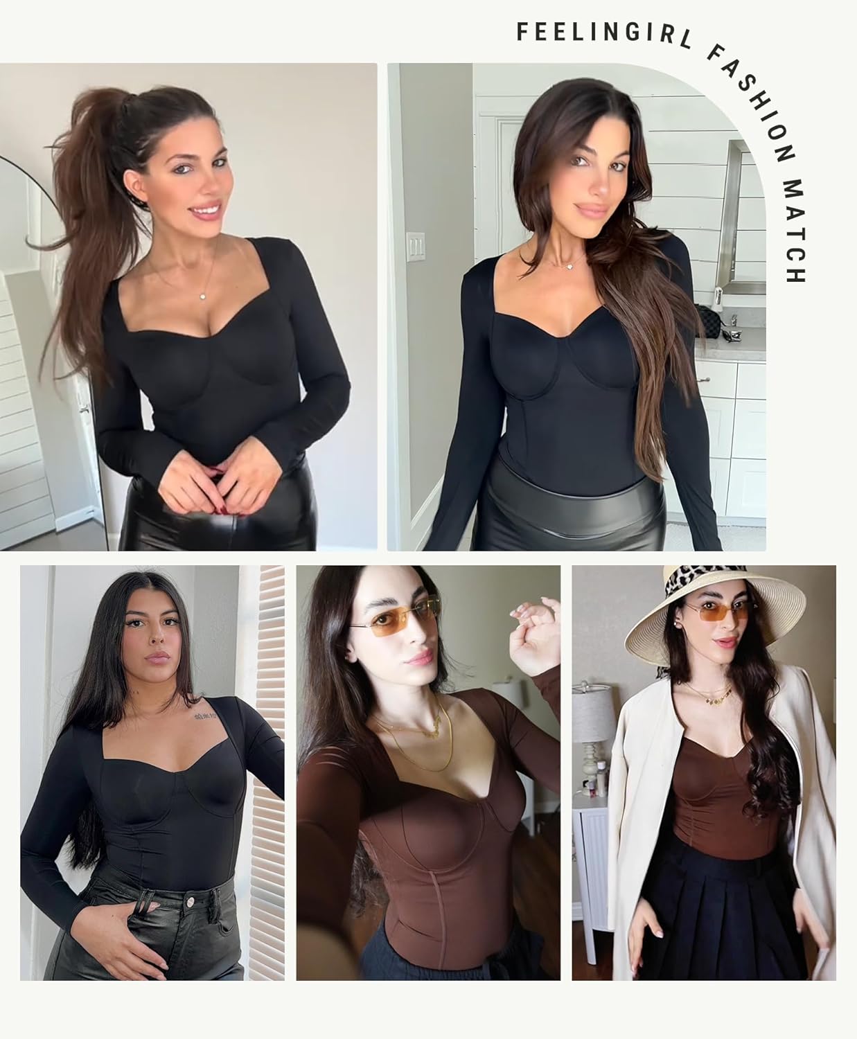 FeelinGirl Long Sleeve Shapewear Tummy Control for Women Thong Body Shaper Sweetheart Neckline Shapewear Bodysuits - Image 2