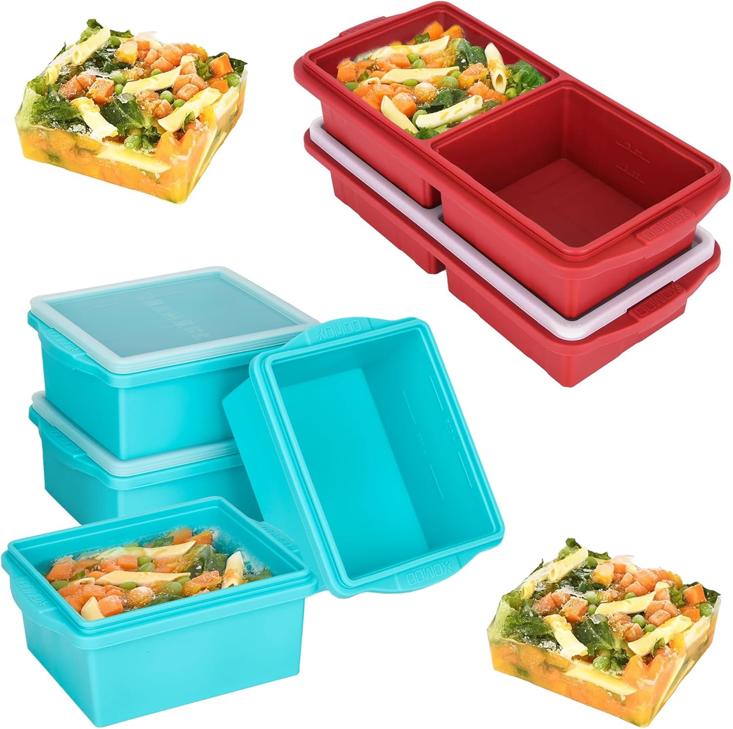 Silicone Freezer Tray With Lid, Soup Freezer Container molds, 2-cup Extra Large Ice Cube Tray, makes 8 perfect 500ml portions cubes, For freezing soup,stews,sauces.Oven&Dishwasher-Safe(6-Pack)