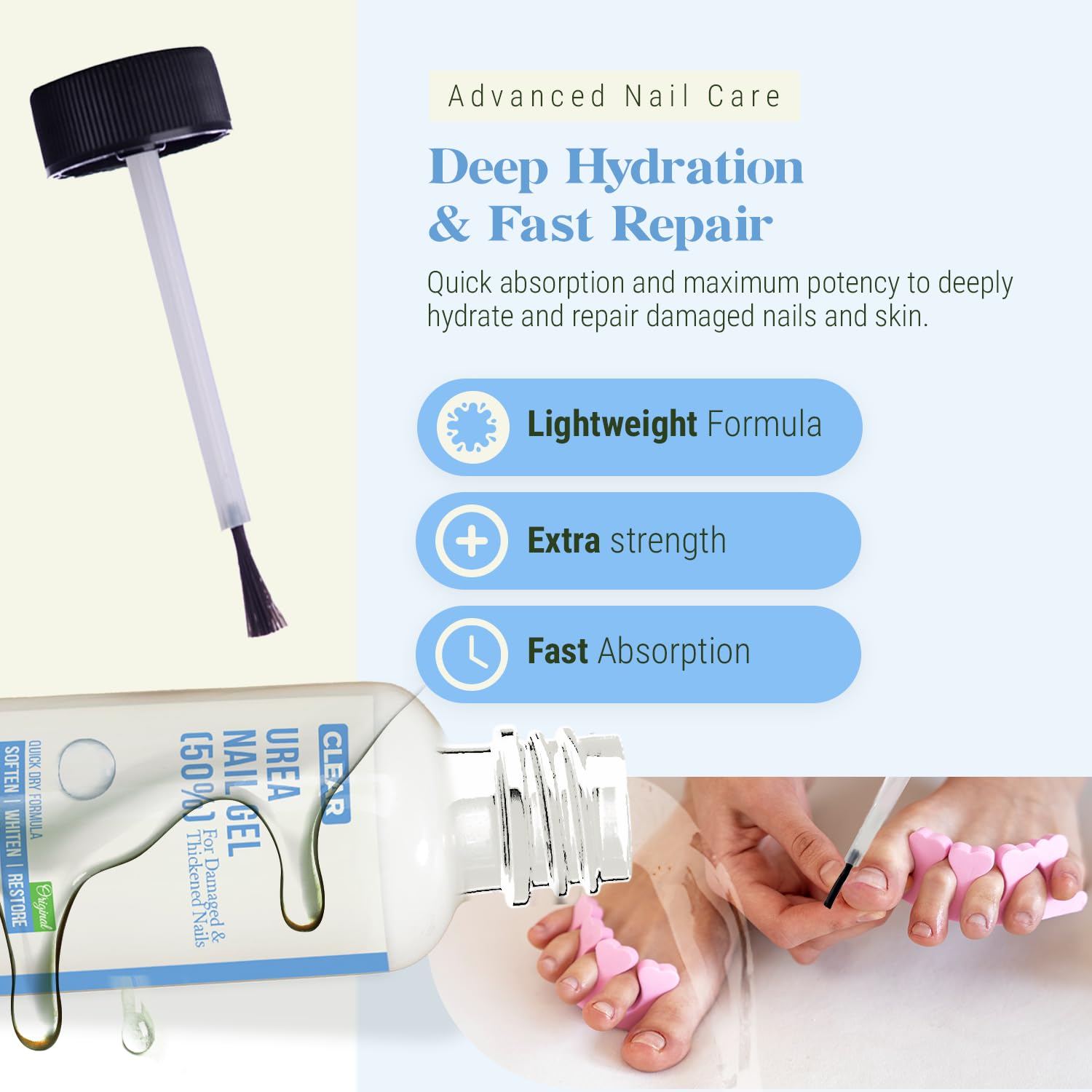 Urea Nail Gel Combo Pack – 50% Urea Daily Treatment & CLEAR 40% Urea Night Gel with Tea Tree Oil – Softens Thick Nails, Repairs Cracked Heels, Whitens Discolored Nails – Quick-Dry – Made in USA