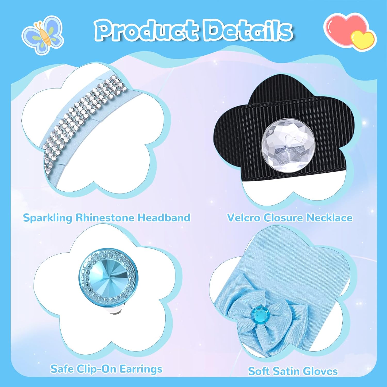 Cinderella Accessories for Girls - 4 PCS Rhinestone Crown, Headband, Choker Necklace, Gloves & Earrings for Dress-Up, Birthday Parties, Halloween & Cosplay (Blue) - Image 9