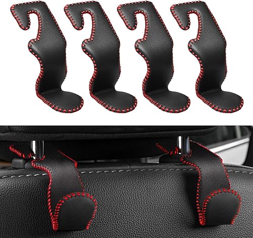 Miniatura 8 de Paquete de 4 ganchos de cuero para reposacabezas de asiento de automóvil con capacidad de carga de 44 libras, organizador de almacenamiento