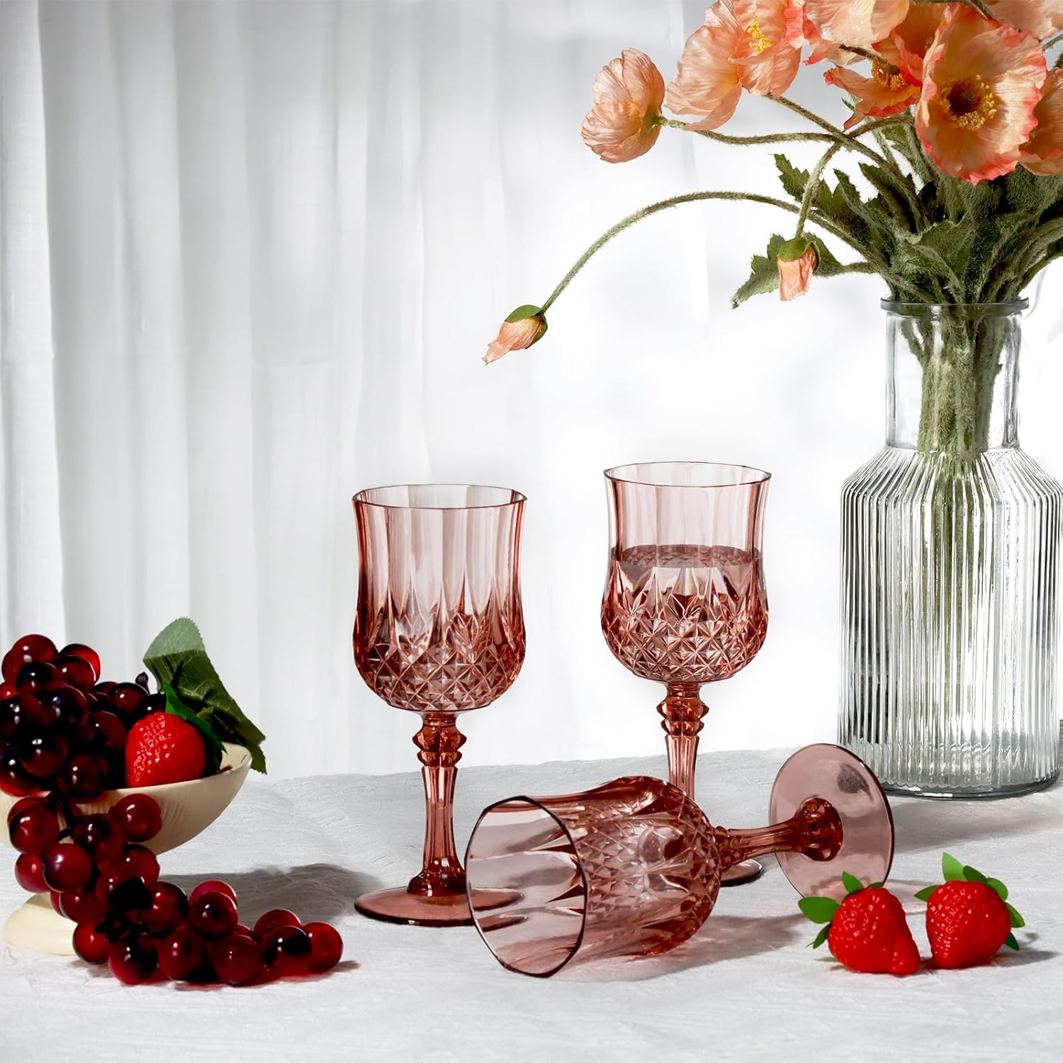 XUWAIDSGN 7oz Plastic Vintage Rose Gold Drinking Glasses Pink Wine Glasses Unbreakable Wedding Glassware Crystal Water Goblets Reusable Drinkware Vintage Champagne Flutes (16, Rose Gold) - Image 6