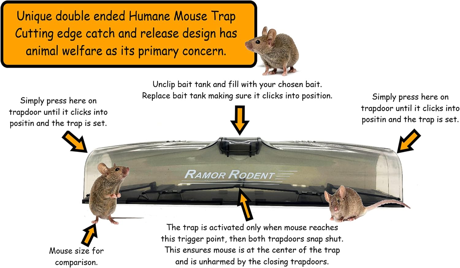 Large Humane Mouse Traps Indoor for Home. Live Traps for Mice. Unique Two Entrance Design, Safe in All Areas and for Pets. Live Mouse Traps Catch and Release (2 Pack)