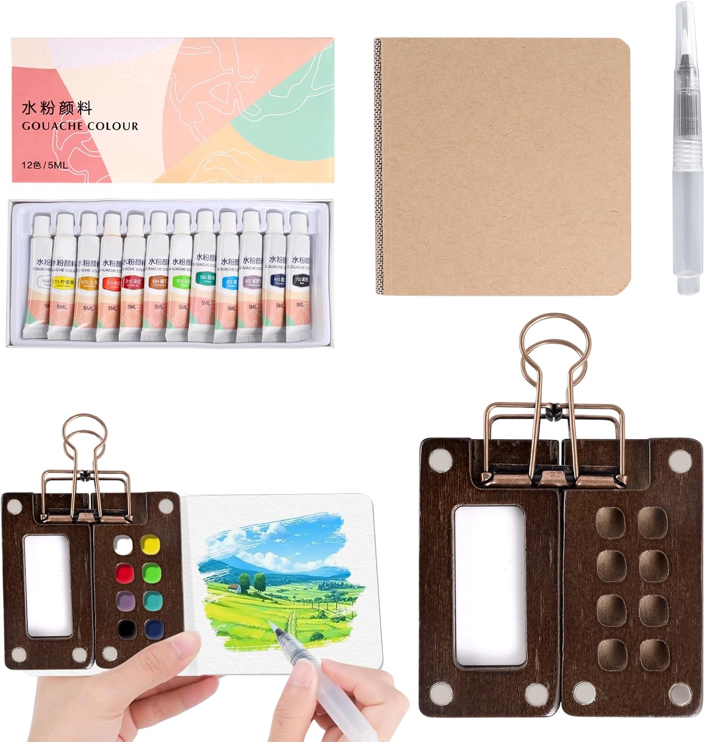 Mini Watercolour Set 12 Colours Pocket Watercolour Travel Set Mini Palette with Clip for Artists Painters Hobby Painters Beginners and Students