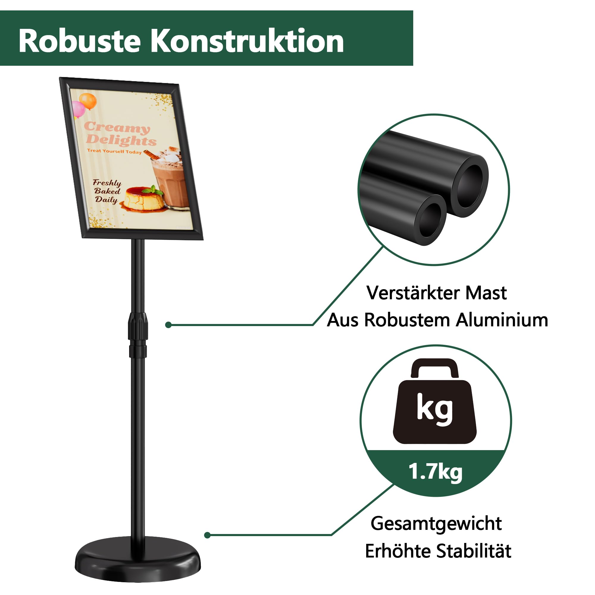 Infoständer DIN A4, Aufsteller, Kundenstopper, Höhenverstellbar, Plakatständer mit stabiler Basis, Präsentationsständer, A4 Werbeständer mit Drehbarem Display Einfachem Inhaltswechsel (Schwarz)